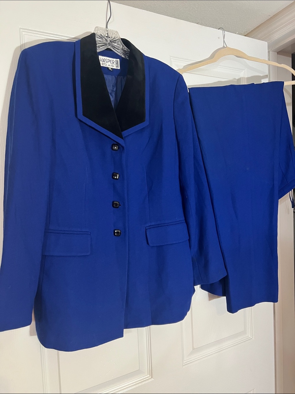 Kasper Royal Blue Blazer and Skirt Set with Black Velvet Collar